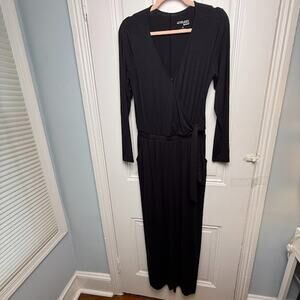 Attitudes by Renee Knit Wrap Jumpsuit Womens Small Black Tie Waist Stretch NWOT